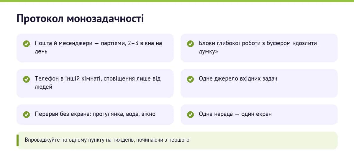 Шість кроків протоколу монозадачності