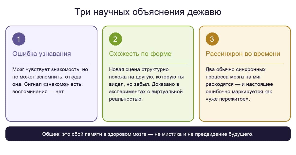 Инфографика: три научных объяснения дежавю — ошибка узнавания, схожесть по форме, рассинхрон во времени