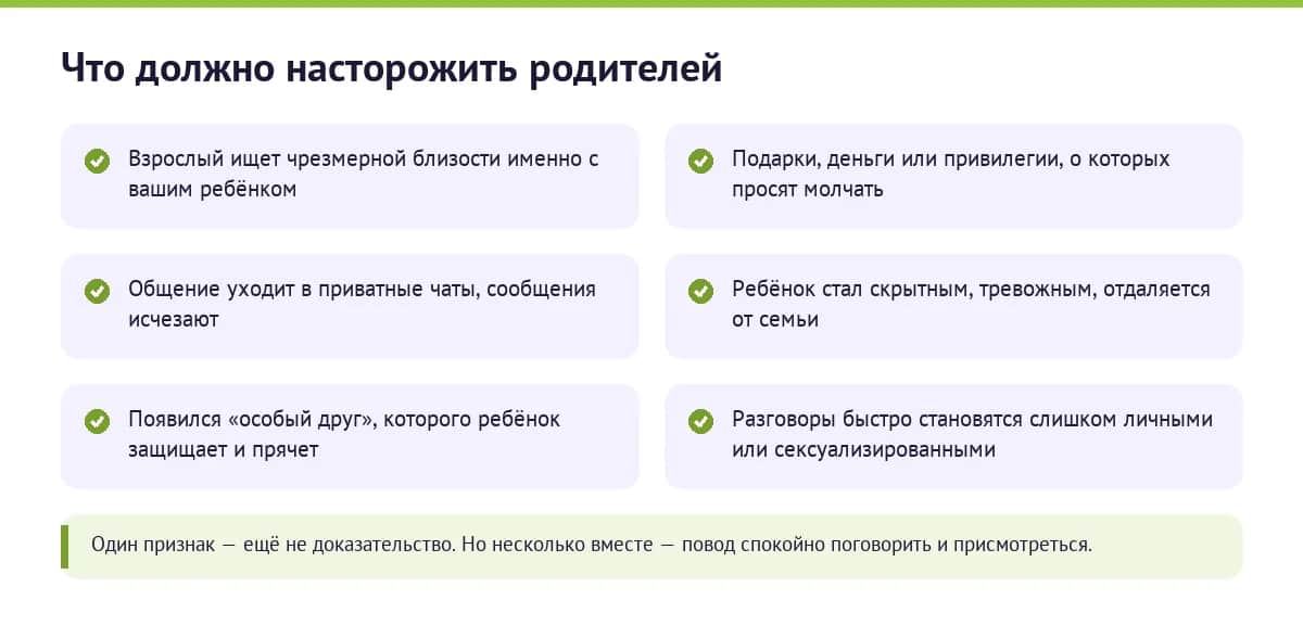 Что должно насторожить родителей: чрезмерная близость взрослого, подарки в секрете, приватные чаты, скрытность ребёнка, «особый друг», сексуализированные разговоры