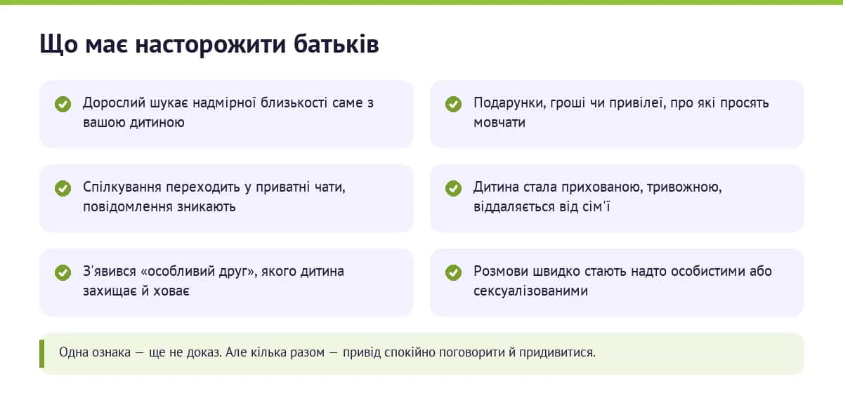Що має насторожити батьків: надмірна близькість дорослого, подарунки в секреті, приватні чати, прихованість дитини, «особливий друг», сексуалізовані розмови