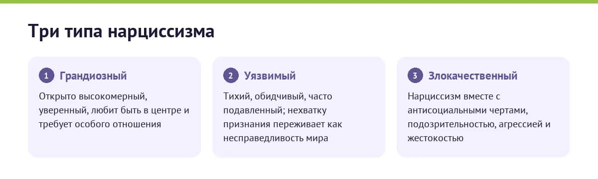 Три типа нарциссизма: грандиозный — открыто высокомерный, уязвимый — тихий и обидчивый, злокачественный — сочетает нарциссизм с агрессией и жестокостью