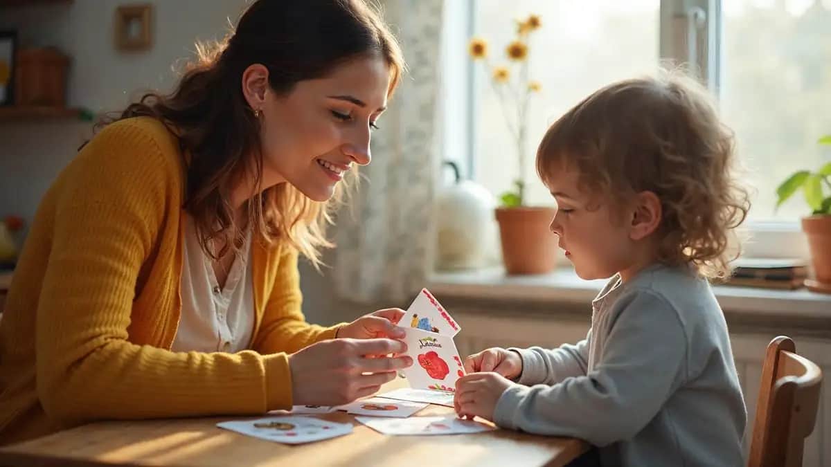 Логопед працює з дитиною за допомогою карток із картинками