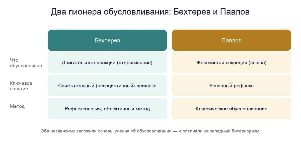 Сравнение подходов Бехтерева и Павлова к обусловливанию: двигательные реакции против железистой секреции