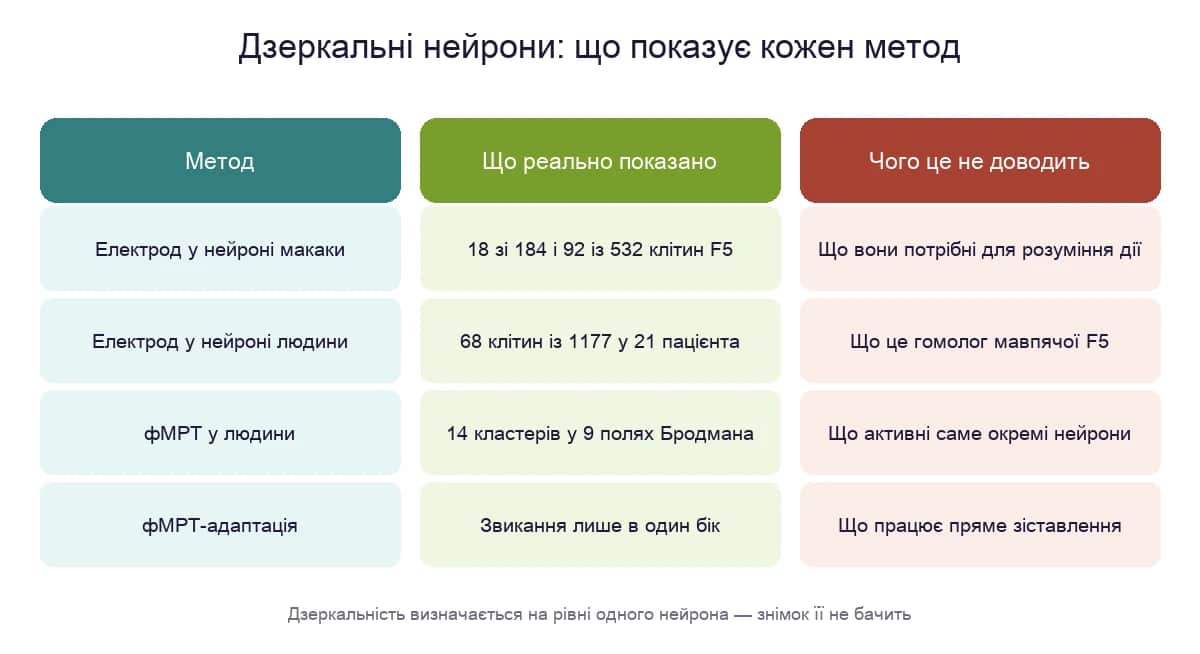 Що показано про дзеркальні нейрони кожним методом і чого жоден із них не показує