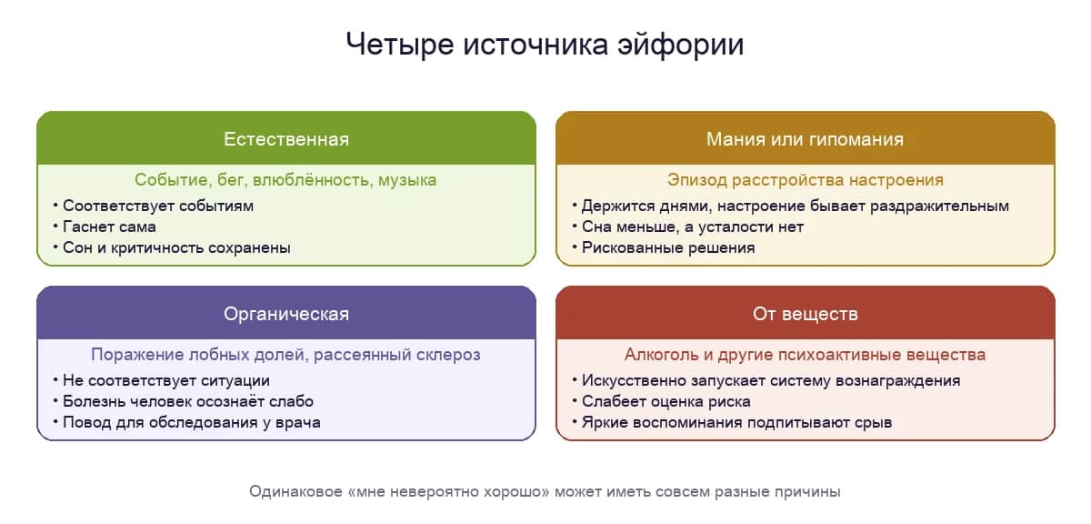 Четыре источника эйфории: естественная, при расстройстве настроения, органическая и от веществ — что запускает состояние и на что обращать внимание