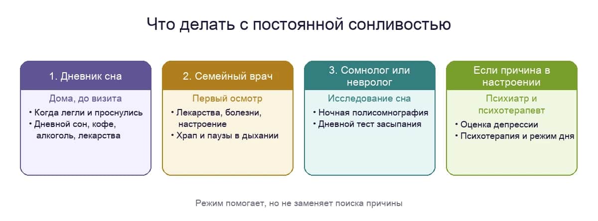 Что делать с постоянной сонливостью: дневник сна, семейный врач, сомнолог или невролог и помощь, если причина в настроении