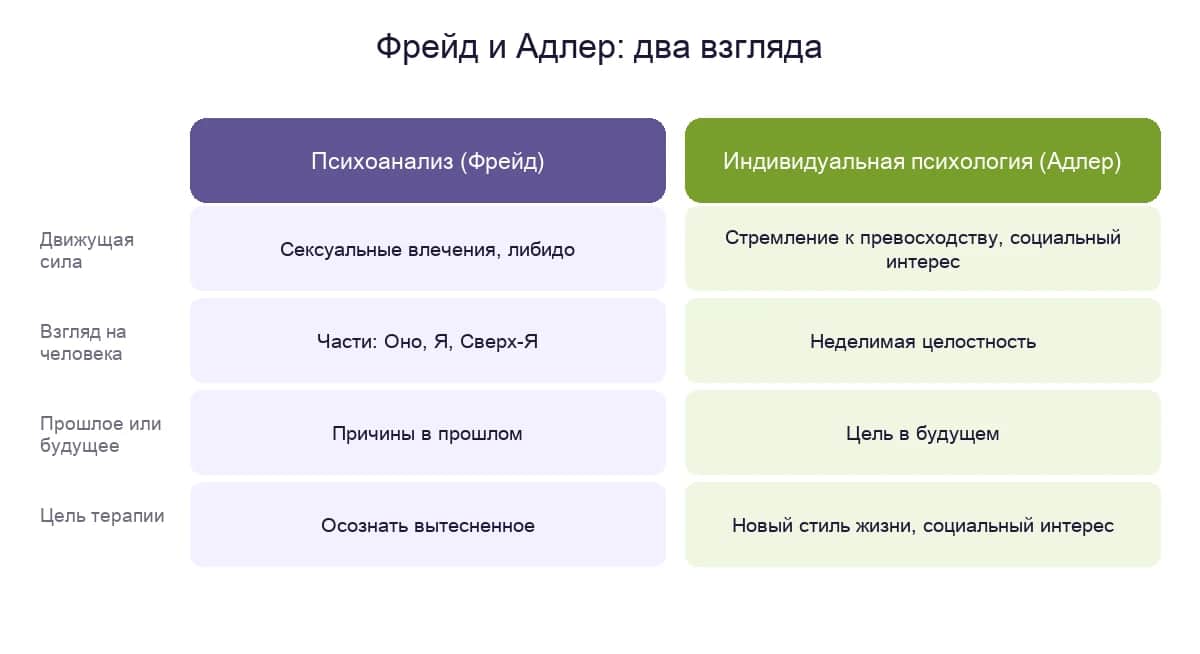 Фрейд и Адлер: движущая сила, взгляд на человека, прошлое или будущее и цель терапии — сравнение двух взглядов глубинной психологии