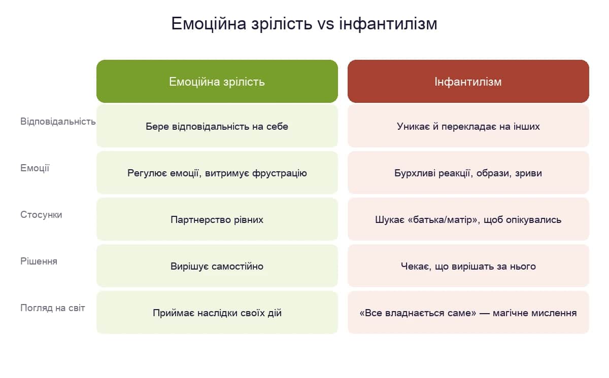 Порівняння емоційної зрілості та інфантилізму за п'ятьма ознаками: відповідальність, емоції, стосунки, рішення й погляд на світ