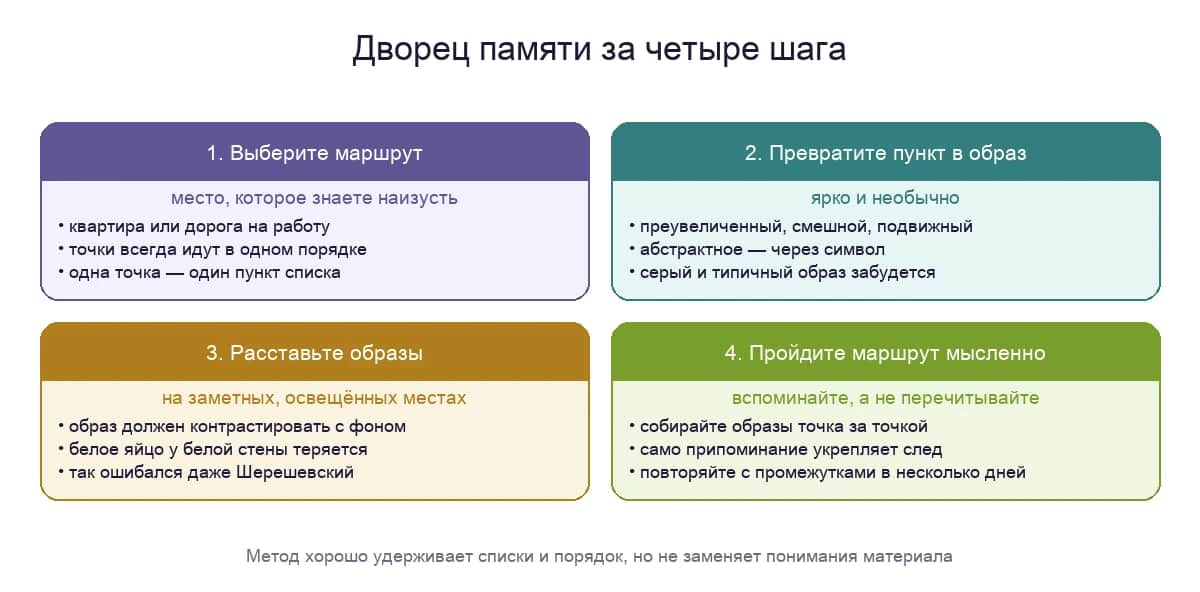 Дворец памяти за четыре шага: маршрут, яркие образы, расстановка на заметных местах и проверка по памяти