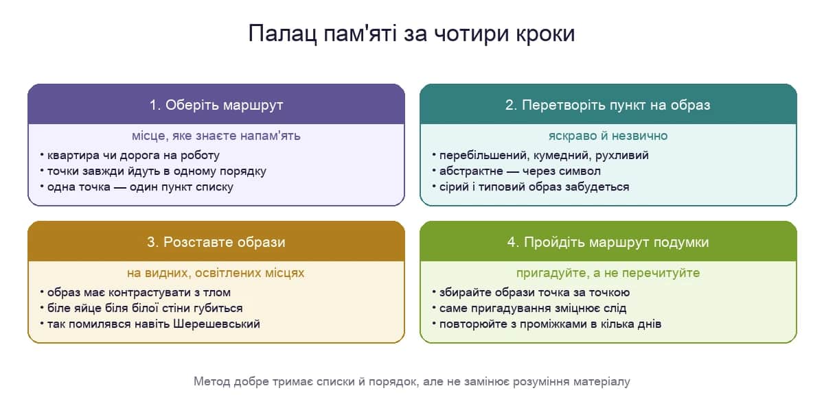 Палац пам'яті за чотири кроки: маршрут, яскраві образи, розстановка на видних місцях і перевірка по пам'яті