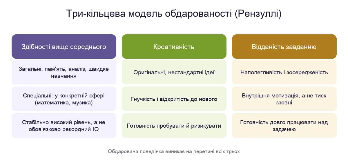 Три-кільцева модель обдарованості за Рензуллі: здібності вище середнього, креативність і відданість завданню