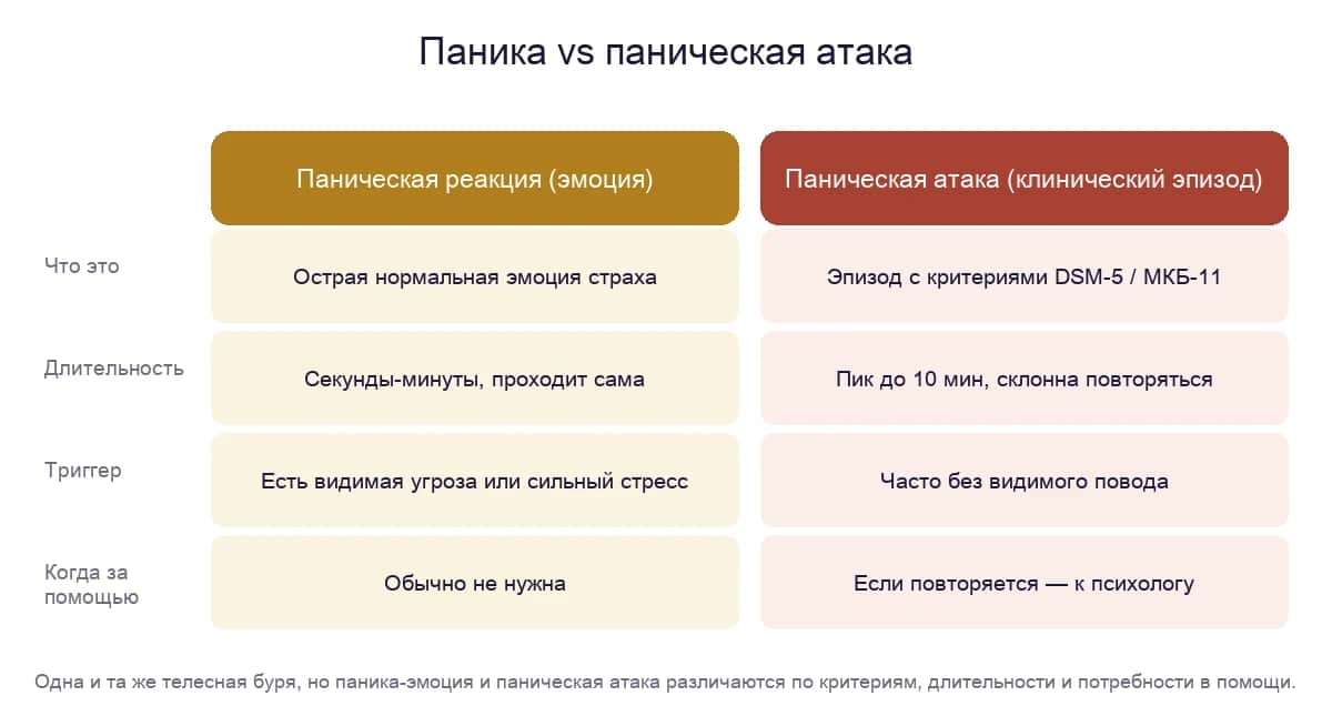 Паника как острая эмоция и паническая атака как клинический эпизод — сравнение по сути, длительности, триггеру и потребности в помощи