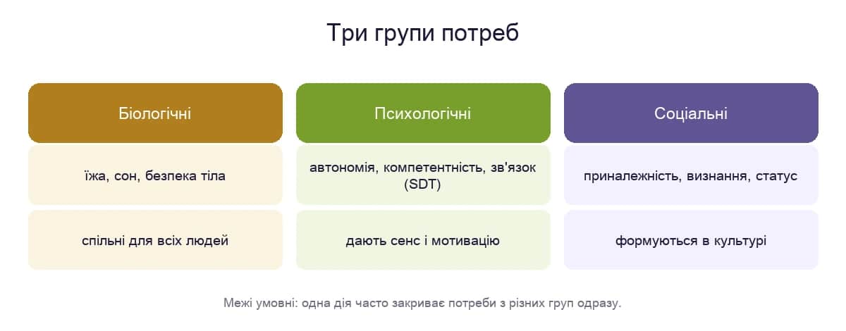 Три групи потреб — біологічні, психологічні та соціальні