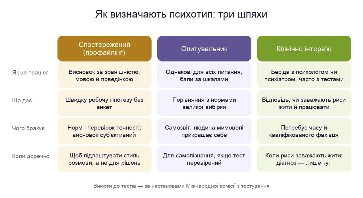 Як визначають психотип: спостереження, опитувальник і клінічне інтерв’ю — що дає кожен шлях, чого йому бракує і коли він доречний