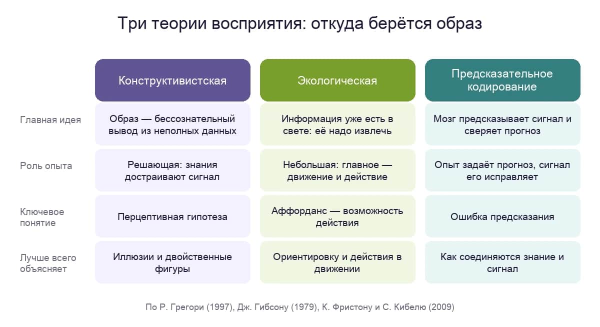 Три теории восприятия: конструктивистская, экологическая и предсказательное кодирование