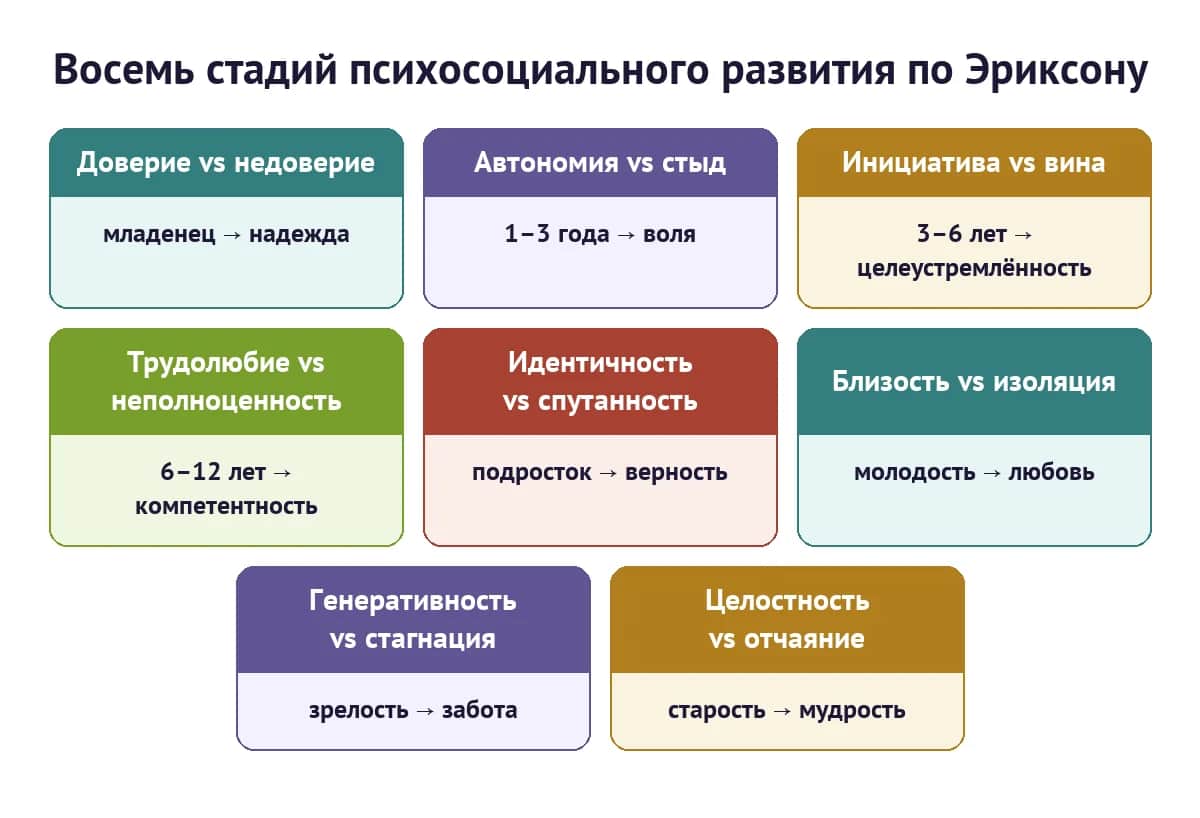Восемь стадий психосоциального развития по Эриксону: конфликт, возраст и добродетель каждой стадии