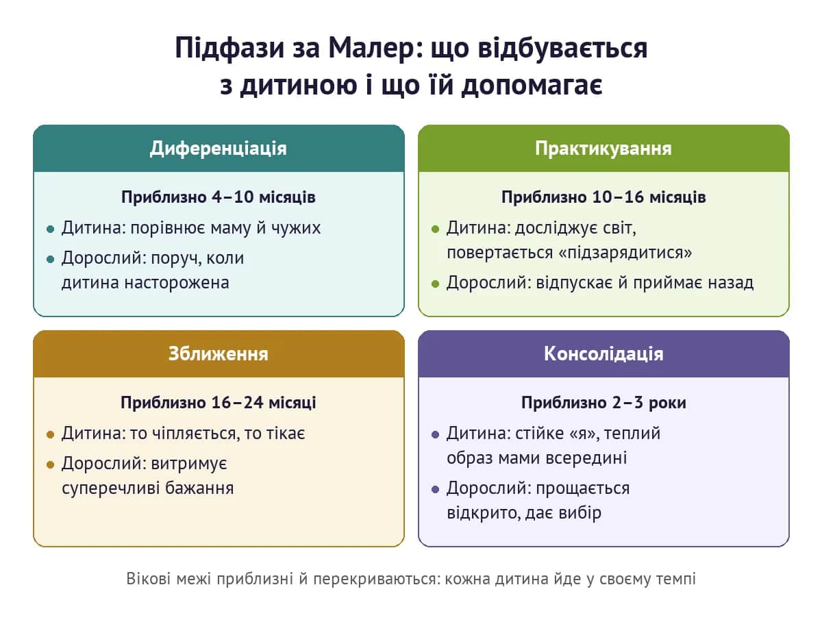 Підфази сепарації-індивідуації за Малер: що відбувається з дитиною і що їй допомагає