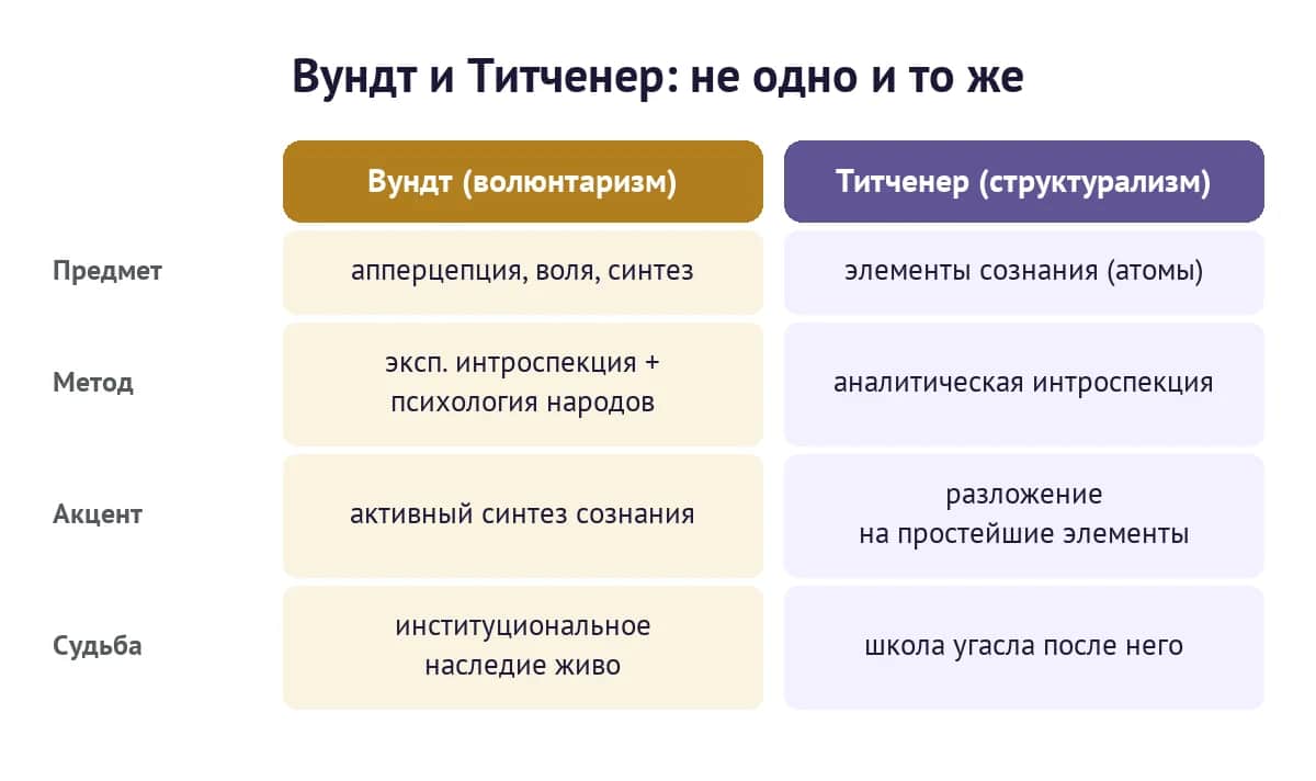 Сравнение подходов Вундта и Титченера: предмет, метод, акцент и дальнейшая судьба каждой школы