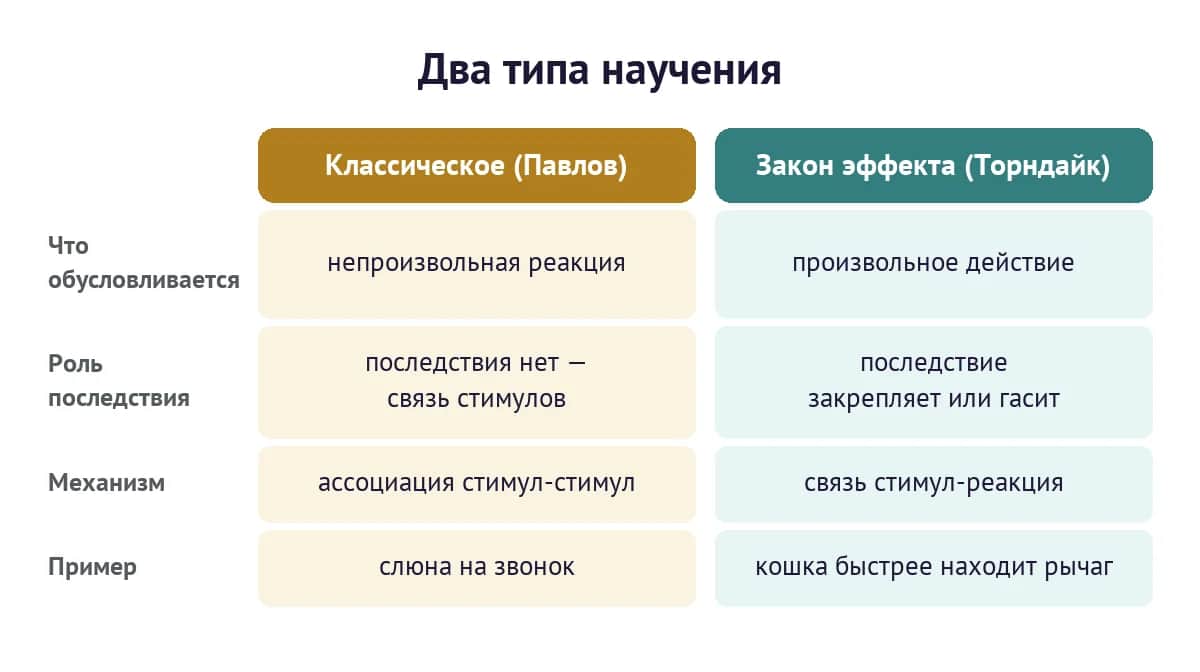 Сравнение классического обусловливания Павлова и закона эффекта Торндайка