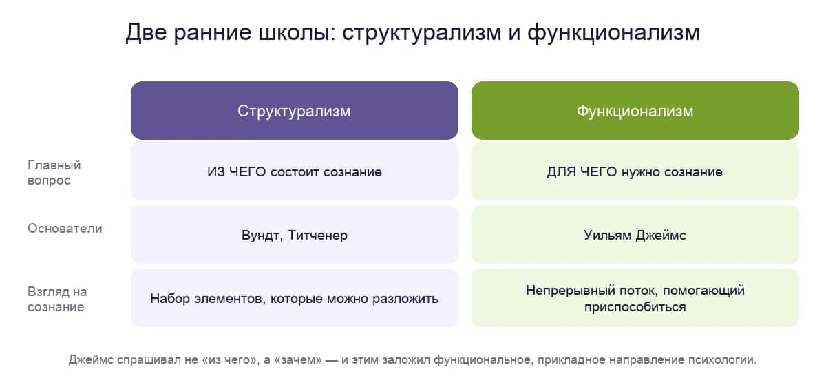 Две ранние школы психологии: структурализм Вундта и Титченера против функционализма Джеймса