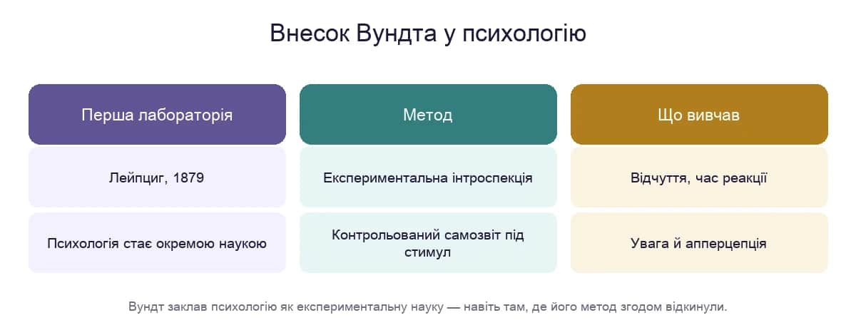 Внесок Вундта: перша лабораторія 1879 у Лейпцигу, метод експериментальної інтроспекції, вивчення відчуттів, часу реакції та апперцепції