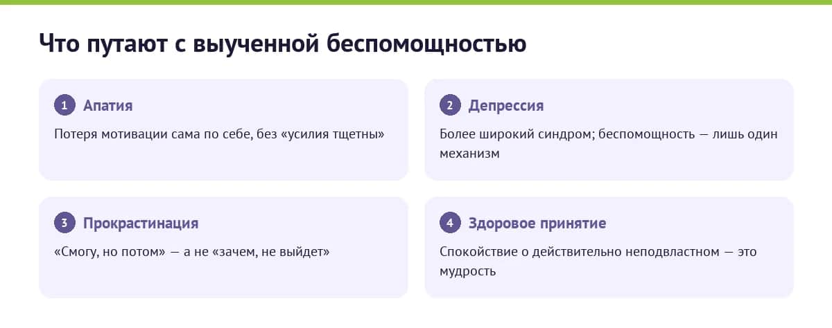 Чем выученная беспомощность отличается от апатии, депрессии, прокрастинации и здорового принятия