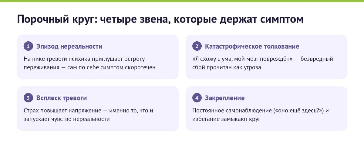 Схема порочного круга дереализации: эпизод нереальности, катастрофическое толкование, всплеск тревоги, закрепление симптома