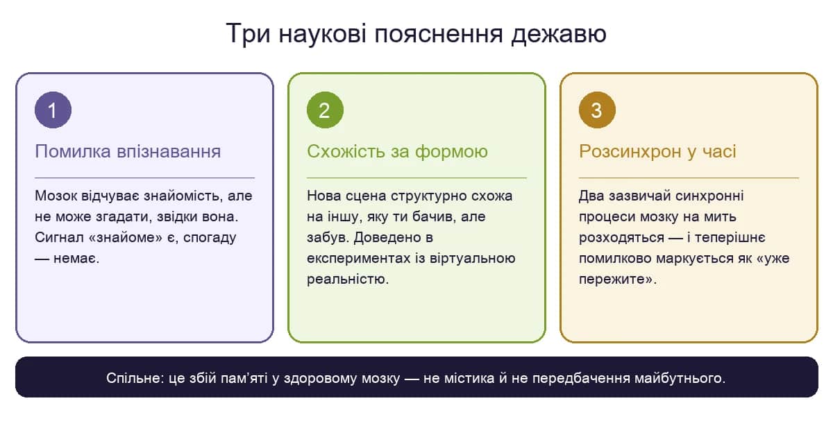 Інфографіка: три наукові пояснення дежавю — помилка впізнавання, схожість за формою, розсинхрон у часі