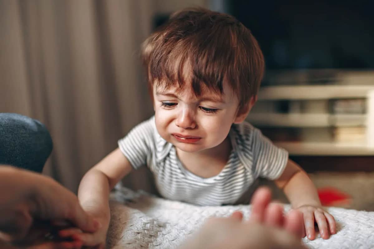 Малюк плаче на підлозі, поряд спокійно сидить дорослий