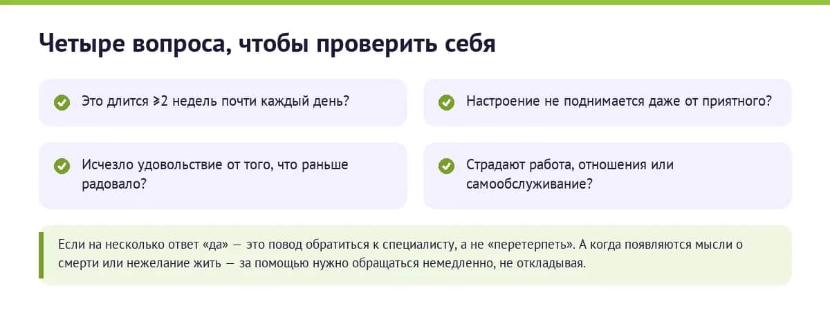 Четыре вопроса, чтобы проверить себя: длится ли это более двух недель почти каждый день; не поднимается ли настроение даже от приятного; исчезло ли удовольствие от привычного; страдают ли работа, отношения и самообслуживание