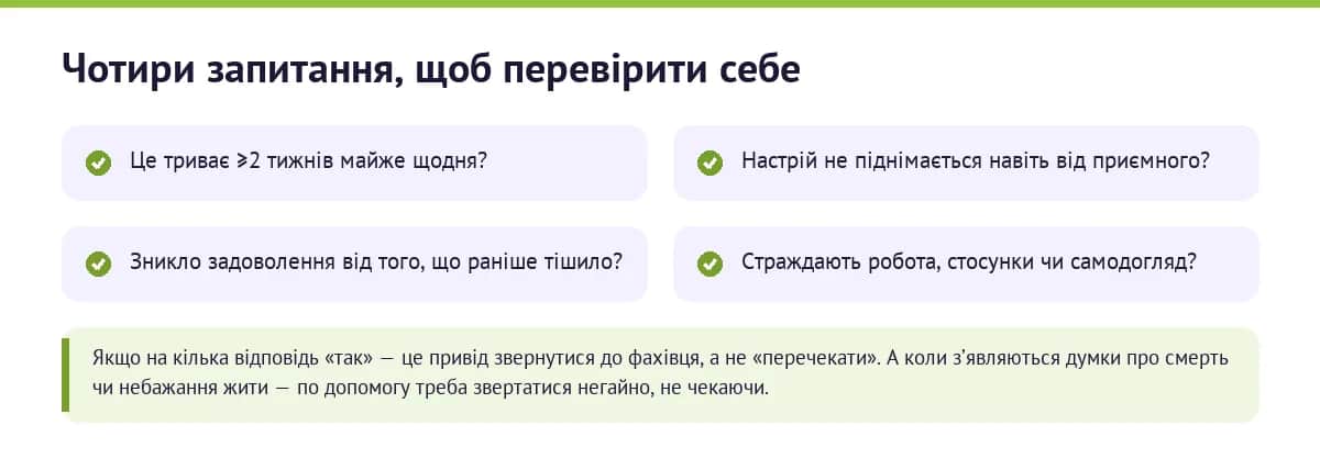 Чотири запитання, щоб перевірити себе: чи триває це понад два тижні майже щодня; чи не піднімається настрій навіть від приємного; чи зникло задоволення від звичного; чи страждають робота, стосунки й самодогляд