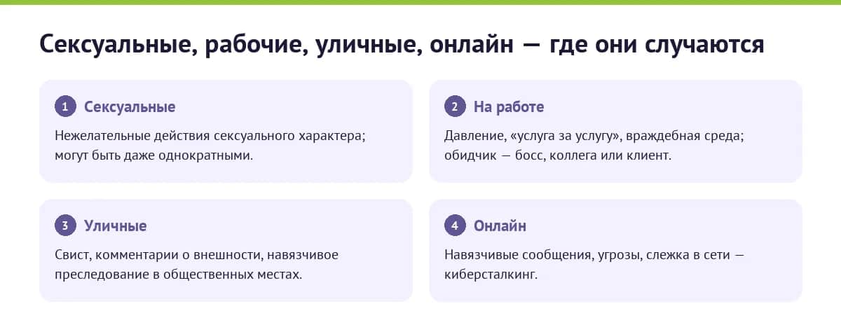 Инфографика: четыре типа домогательств — сексуальные, на работе, уличные и онлайн