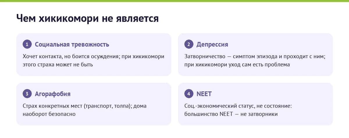 Чем хикикомори отличается от социальной тревоги, депрессии, агорафобии и статуса NEET