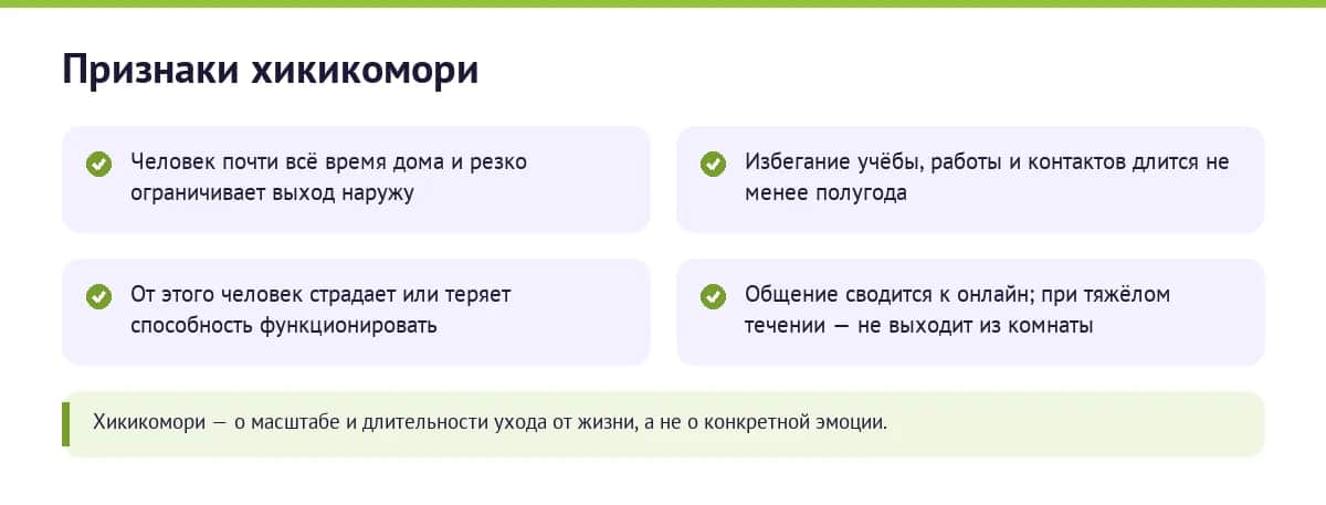 Признаки хикикомори: затворничество дома, изоляция более полугода, нарушение функционирования