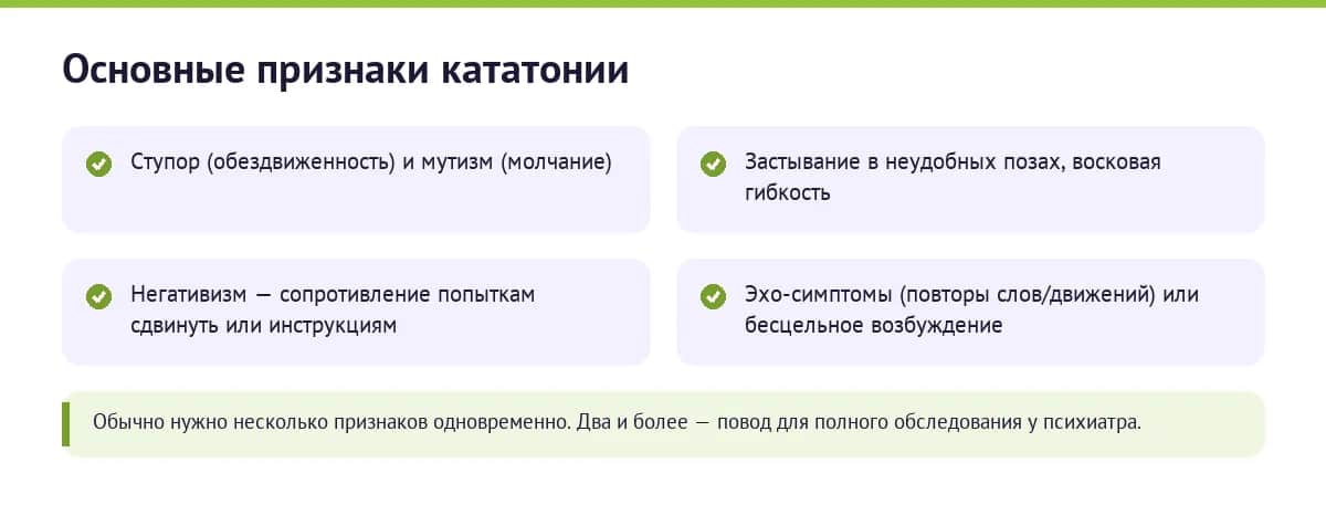 Основные признаки кататонии: оцепенение, мутизм, застывание в позах и другие