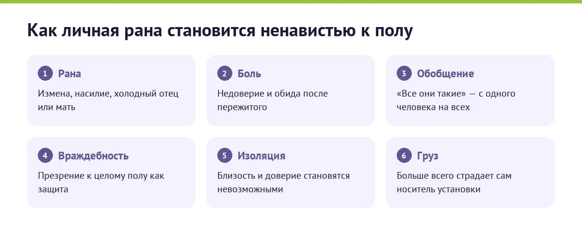 Как личная рана становится ненавистью к полу: рана (измена, насилие, холодный отец или мать), боль и недоверие, сверхобобщение «все они такие», враждебность к целому полу, изоляция, и главное — груз остаётся на самом носителе