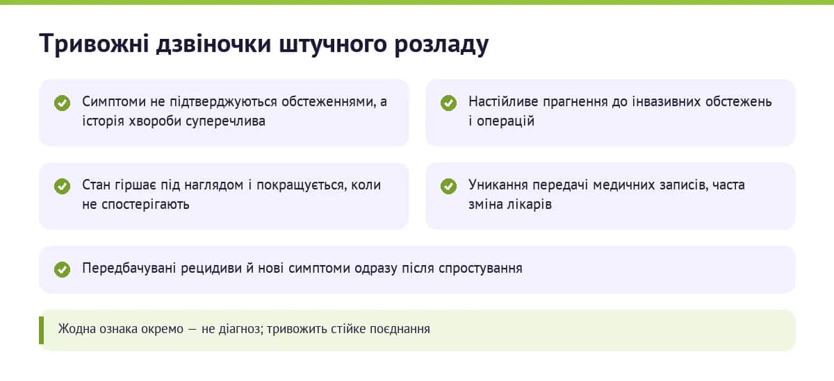 Інфографіка: тривожні дзвіночки штучного розладу — суперечлива історія хвороби, прагнення обстежень, погіршення під наглядом, приховування записів