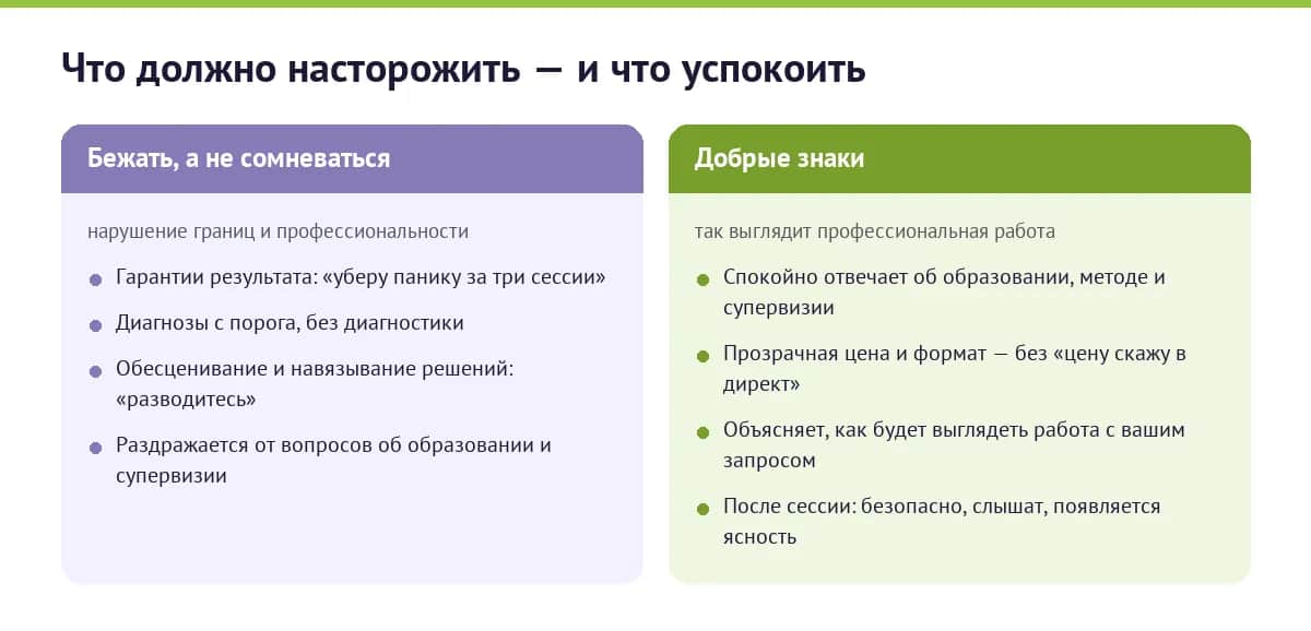 Сравнение: признаки непрофессиональной работы психолога и признаки надёжного специалиста