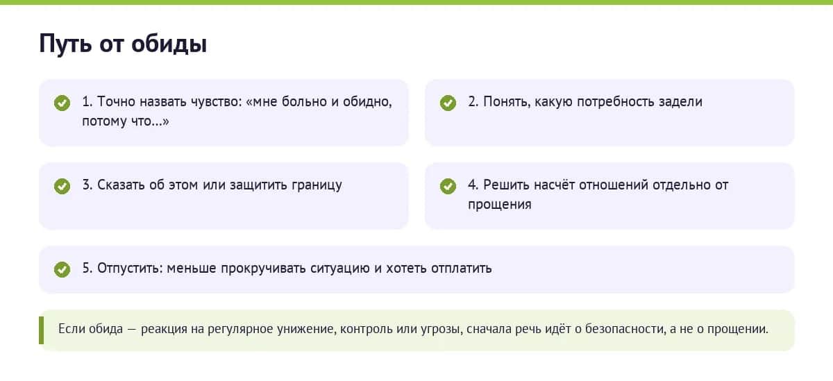 Путь от обиды: назвать чувство, понять потребность, сказать или защитить границу, принять решение об отношениях, отпустить
