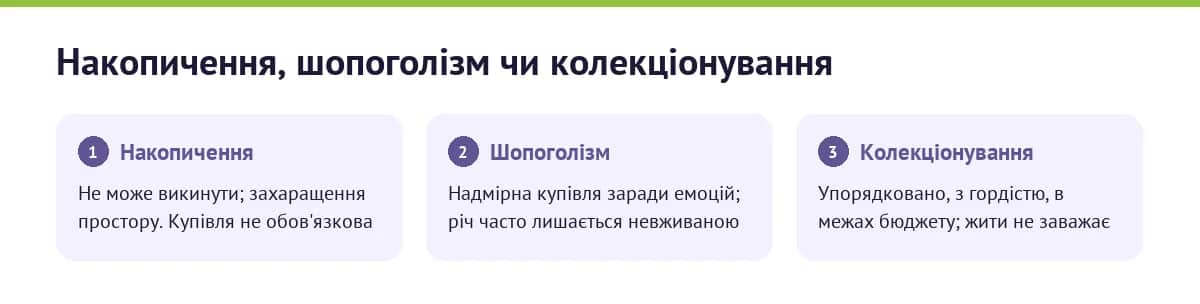 Інфографіка: розлад накопичення проти шопоголізму й колекціонування — де серцевина проблеми і чи заважає це жити