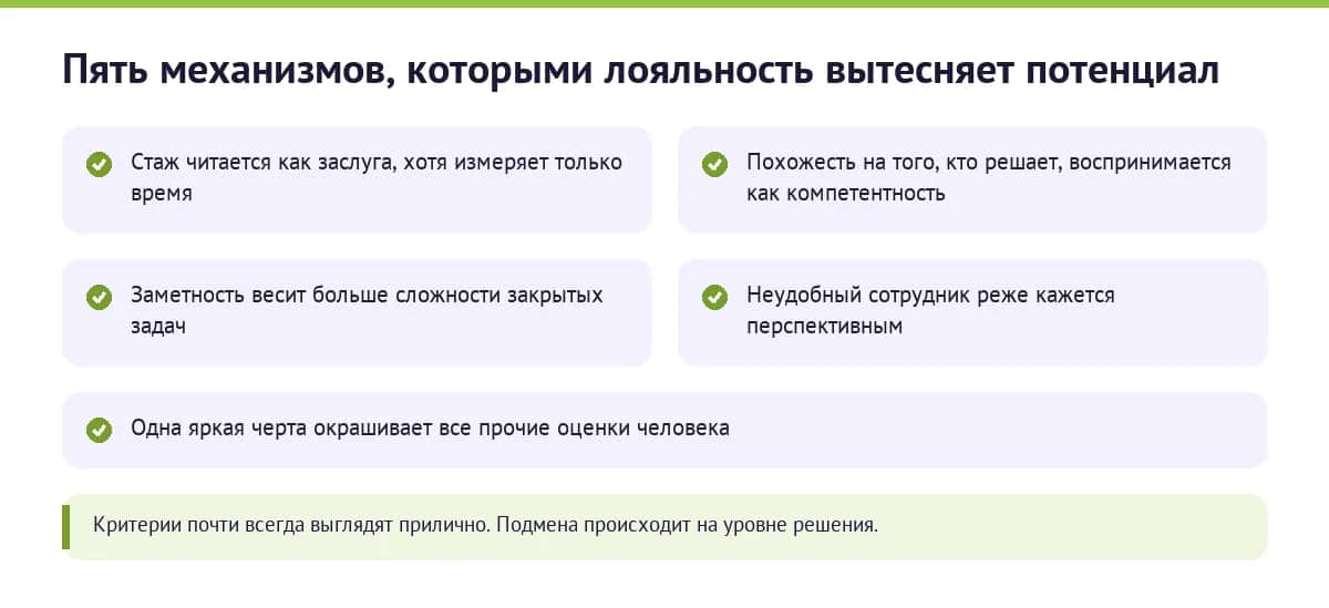 Пять механизмов, которыми стаж и лояльность вытесняют потенциал при отборе в кадровый резерв