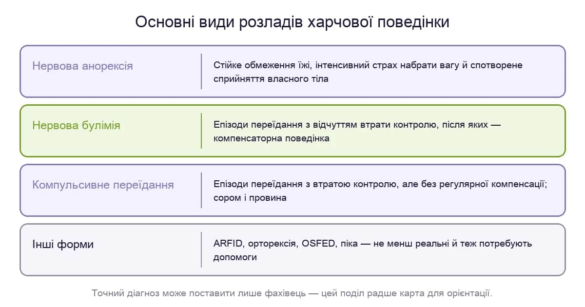 Основні види розладів харчової поведінки: анорексія, булімія, компульсивне переїдання та інші форми