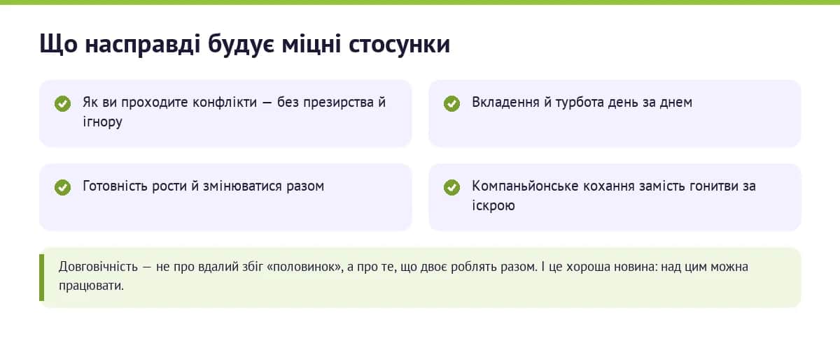 Що будує тривалі стосунки: як ви проходите конфлікти, вкладення й турбота, спільне зростання, компаньйонське кохання замість гонитви за іскрою