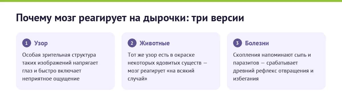 Три научных объяснения трипофобии: спектральная особенность изображений, сходство с опасными животными и врождённое избегание признаков болезни