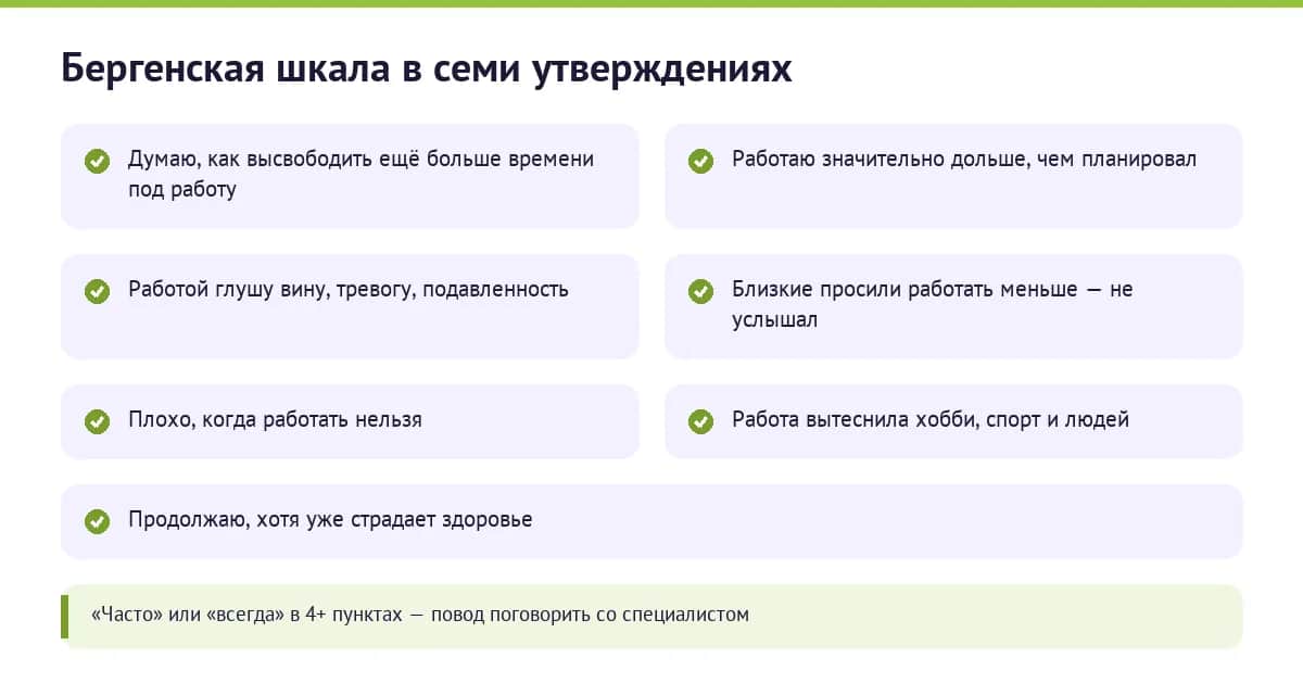 Семь утверждений Бергенской шкалы рабочей зависимости с правилом самопроверки