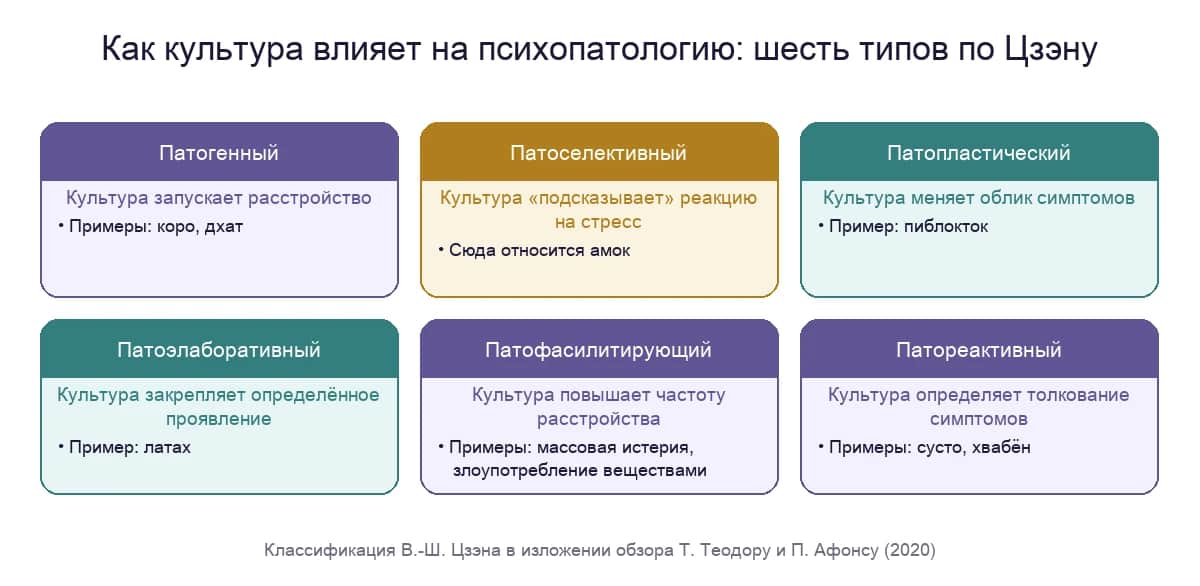 Шесть способов, которыми культура влияет на психопатологию, по Цзэну: амок относится к патоселективному типу