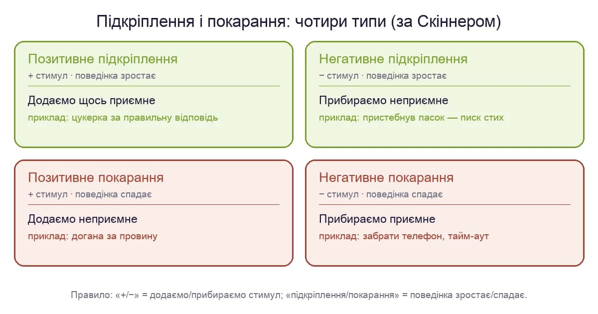 Чотири типи підкріплення й покарання за Скіннером: позитивне і негативне підкріплення, позитивне і негативне покарання