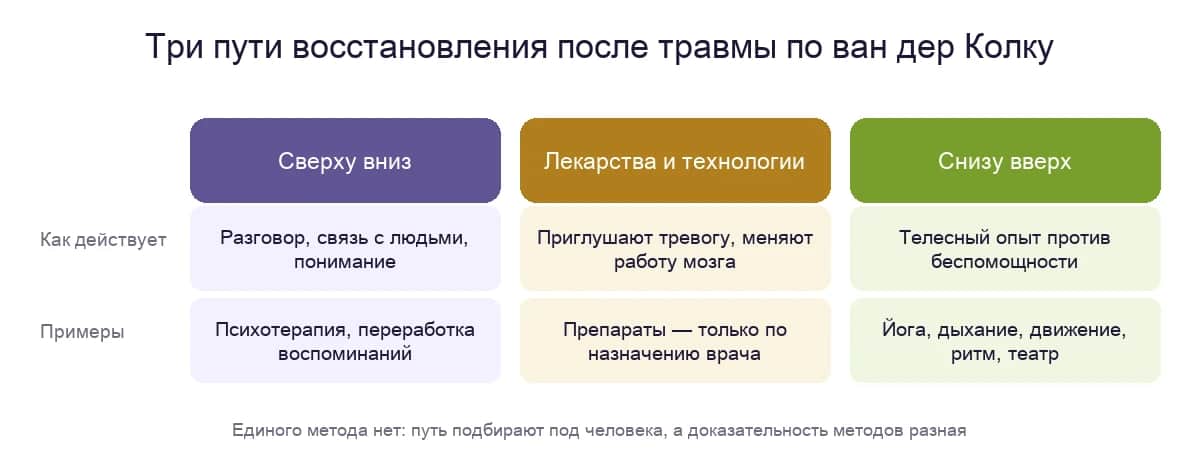 Три пути восстановления после травмы по Бесселу ван дер Колку: сверху вниз, лекарства и технологии, снизу вверх