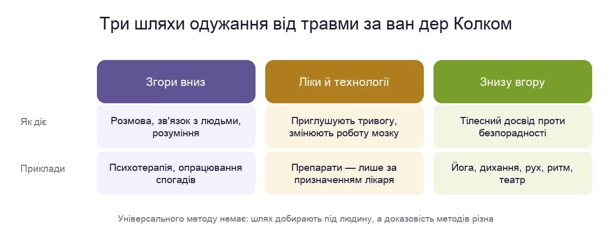 Три шляхи одужання від травми за Бесселом ван дер Колком: згори вниз, ліки й технології, знизу вгору