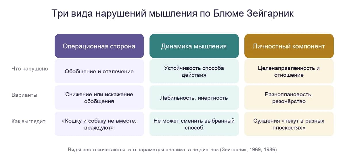 Три вида нарушений мышления по Блюме Зейгарник: операционная сторона, динамика и личностный компонент — что нарушено, какие варианты и как это выглядит в опыте